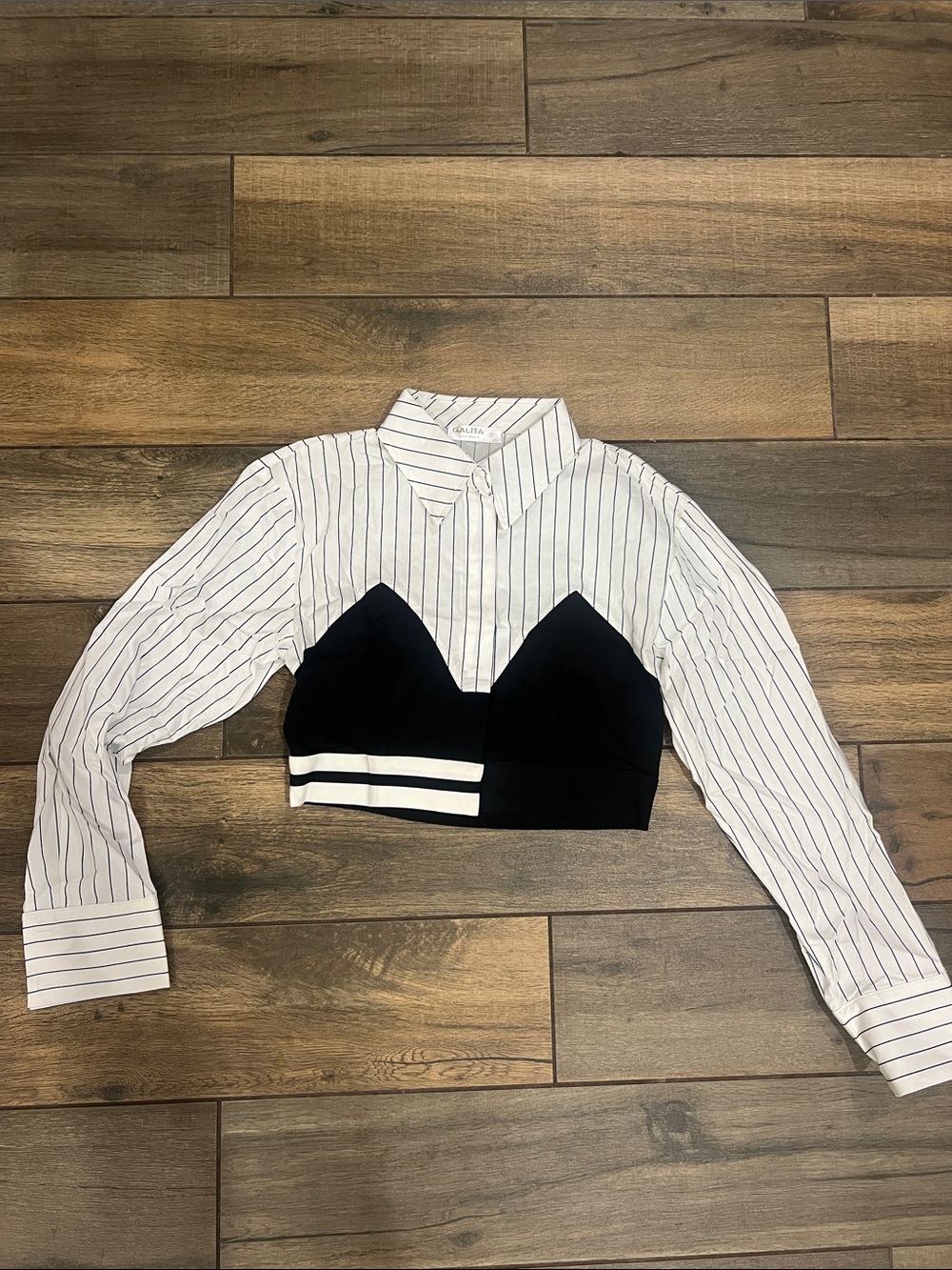 Cropped Pinstripe Button-Down with Black Bustier Overlay